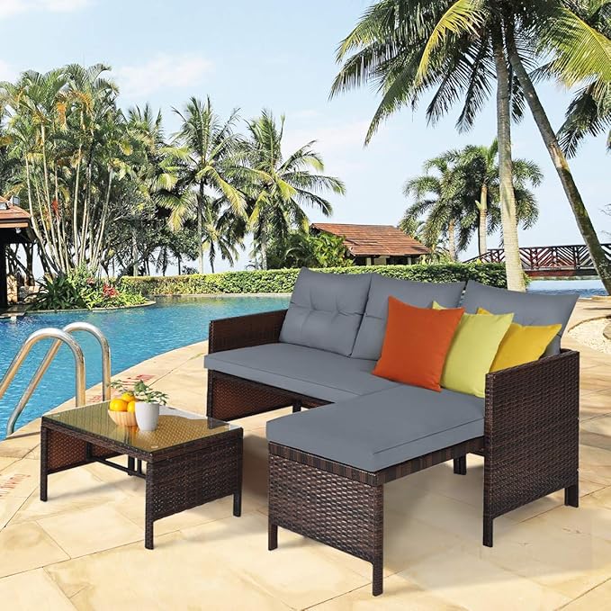 Tangkula Patio Corner Sofa Set 3 Piece, Outdoor Rattan Sofa Set, Includes