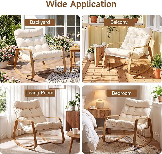 ONBRILL Rocking Chair with Thick Cushion Outdoor Indoor, Premium Iron Wood