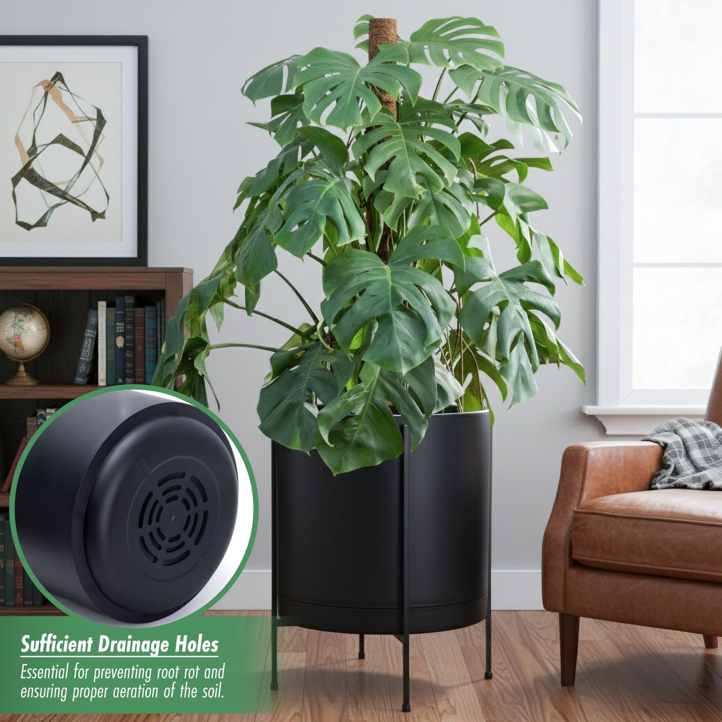 D'vine Dev 16 Inch Black Planter Pot with Stand – Modern Plastic Cylinder Flower Pot with Heavy-Duty Metal Stand for Indoor Plants, 55-D-B-5