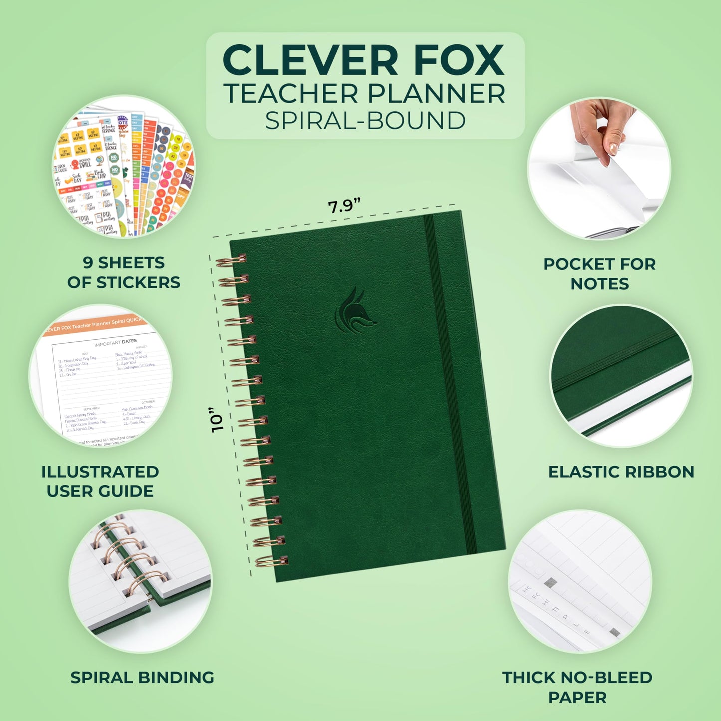 Clever Fox Teacher Planner Spiral – School Year Planner with Calendars & Lesson Plans – Teacher Plan Book for Classroom & Homeschool Organization - Undated, 7.9x10″ (Dark Green)