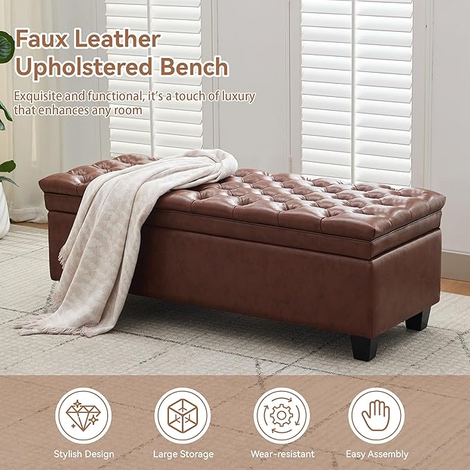 WUTUTUEE 50" Faux Leather Storage Ottoman Bench, Upholstered Rectangle End of