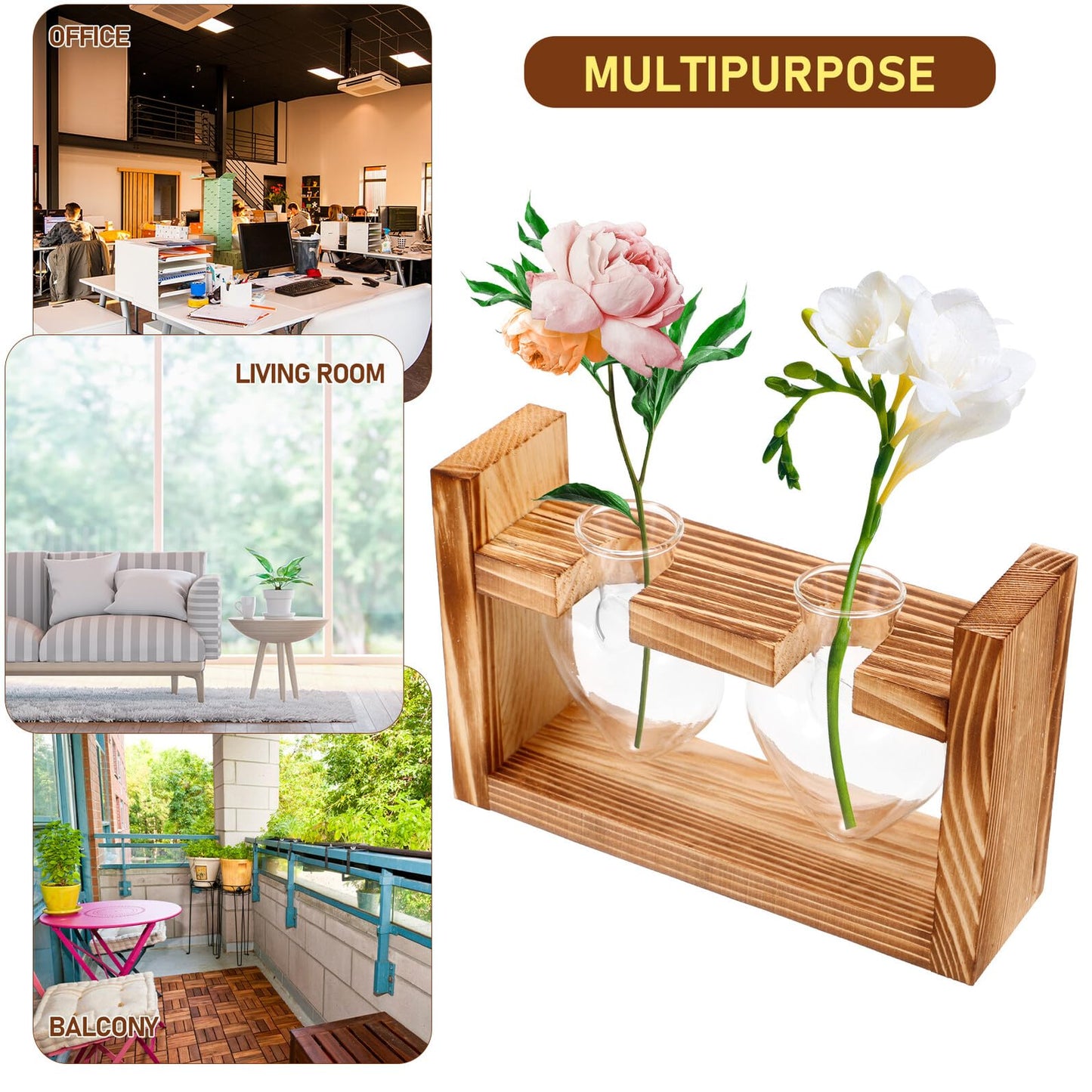 CORHAD Heart-Shaped Glass Hydroponic Vase with Wooden Frame Stand, Desktop Terrarium Planter for Indoor Plants, Tabletop Flower Pot for Home and Office Décor, 2pcs Set