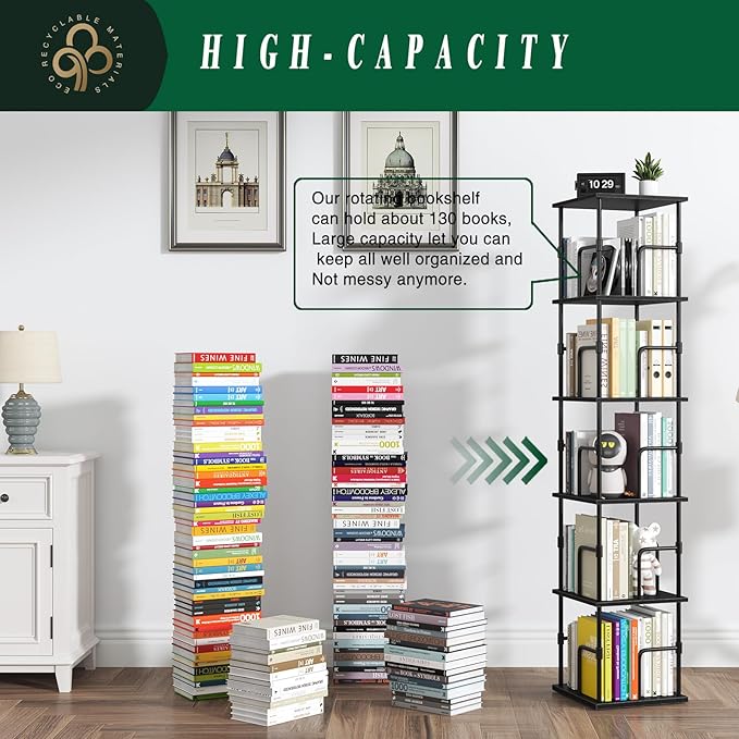 5-Tier Rotating Bookshelf, Freestanding Corner Bookshelf Industrial Style