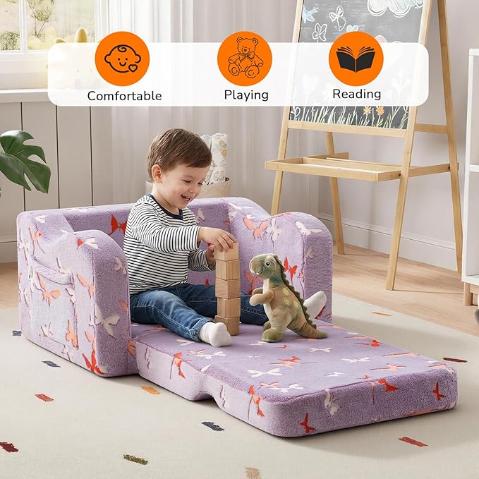 MeMoreCool Glowing Butterfly Kids Chair, 2-in-1 Foldable Kids Couch