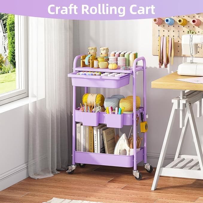 3 Tier Metal Rolling Utility Cart with Drawer & Lockable Wheels - Heavy Duty Multifunctional Storage Organizer with 2 Cups and 4 Hooks for Bathroom, Kitchen, Snack, Craft, Makeup, Baby Essentials