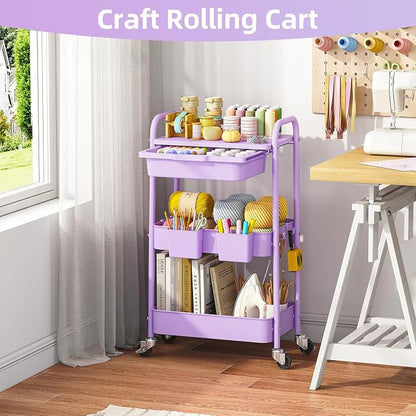 3 Tier Metal Rolling Utility Cart with Drawer & Lockable Wheels - Heavy Duty Multifunctional Storage Organizer with 2 Cups and 4 Hooks for Bathroom, Kitchen, Snack, Craft, Makeup, Baby Essentials