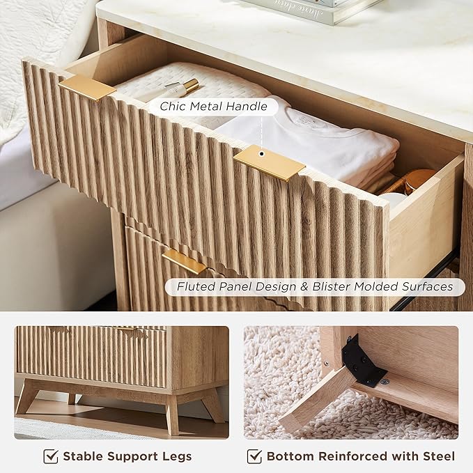 T4TREAM Fluted 3 Drawers Nightstand Set of 2, Oversized Extra Large Modern Side