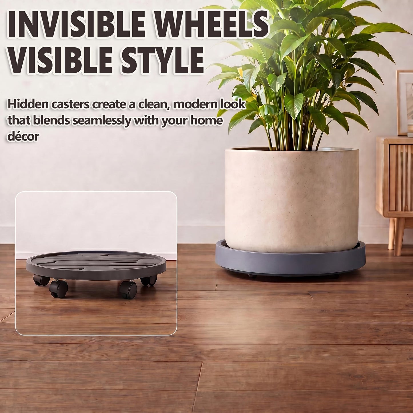 Dcpes 12Inch Plant Caddy with Hidden Wheels, Rolling Plants Stand with Wheel, 4 Invisible Casters, Indoor Plant Saucers on Wheels, Heavy Duty Wheeled Plant Dolly, Planter Roller Base, Gray, 2Pack