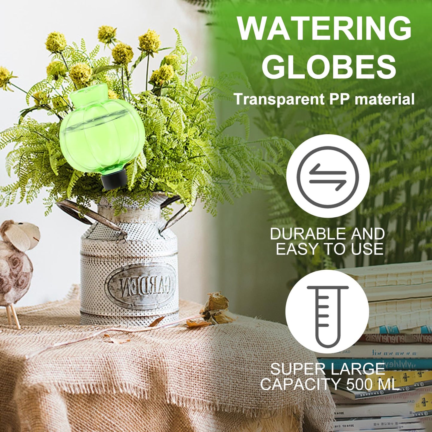 Ansberta 4 Pcs Plant Self Watering Globes, 17oz Large Plastic Water Bulbs Top Fill Watering Globes Slow Release Terracotta, Water Spikes Stakes for Indoor and Outdoor Plants (Green)