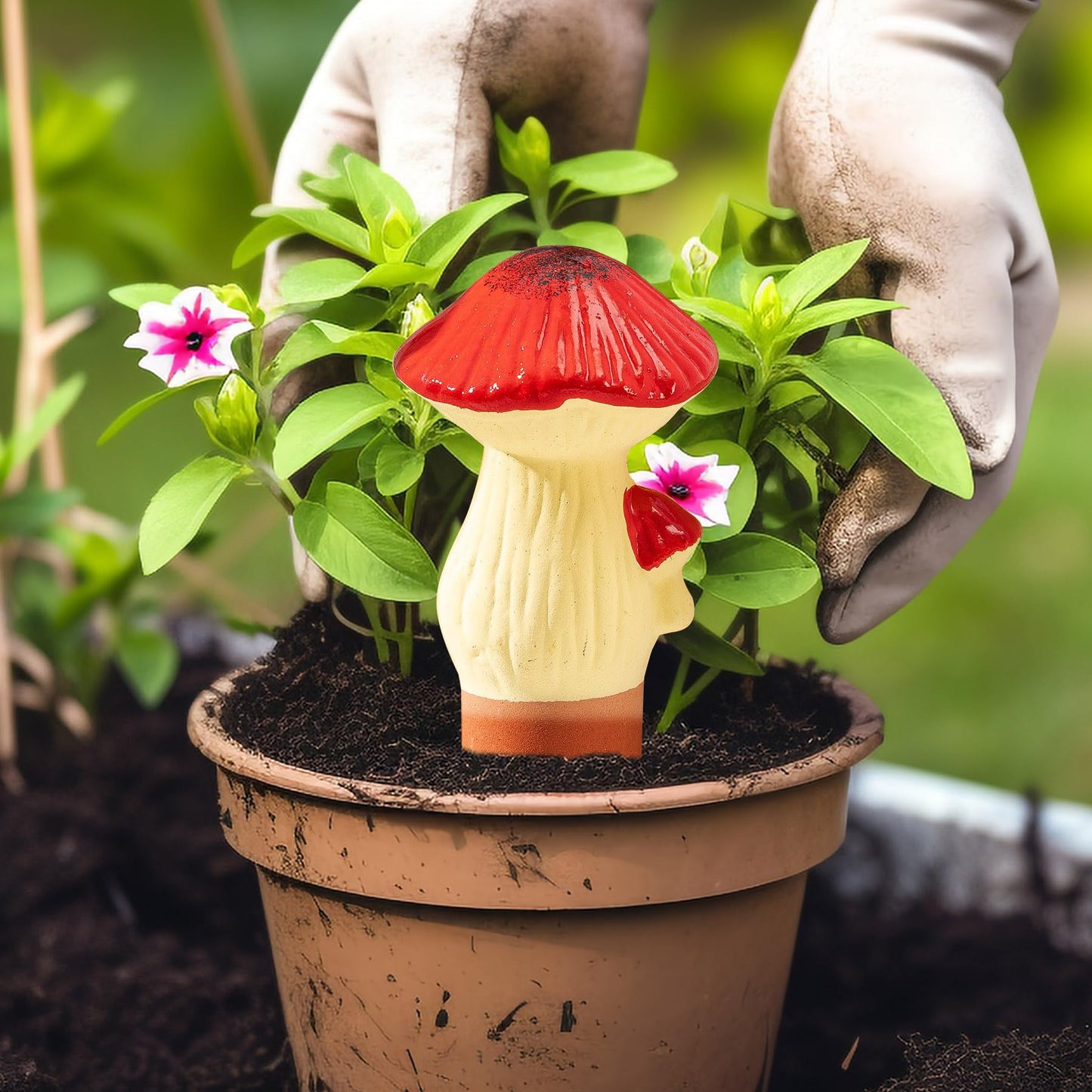 LumDecor 4 Pack Watering Globes - Terra Cotta Watering Spikes for Indoor Plants, Handcrafted Mushroom Shape Self Watering Devices with Slow Release System, Plant Water Bulbs for Vacation & Outdoor Pot