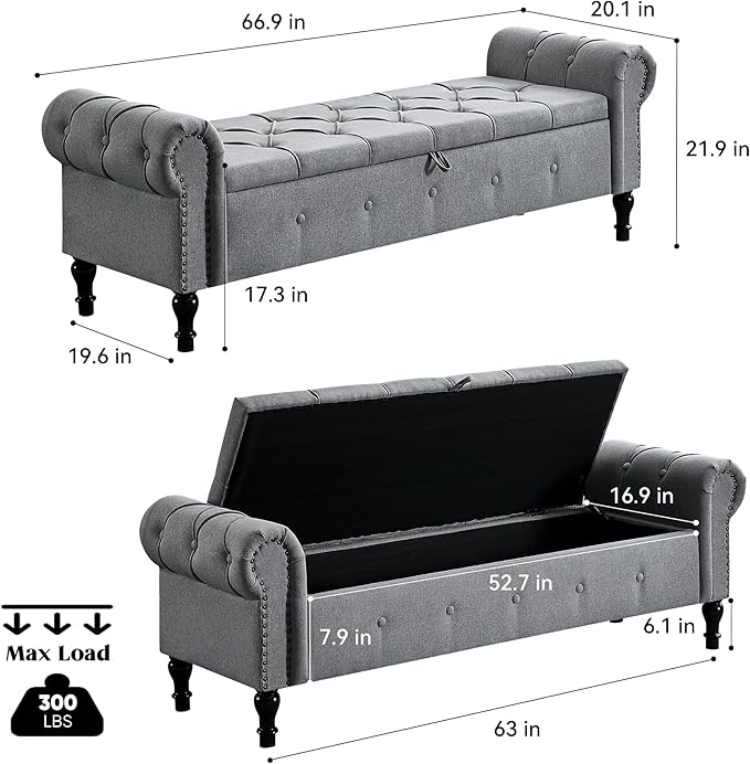 67 Inch Storage Bench for Bedroom, End of Bed Bench, King Size Benches