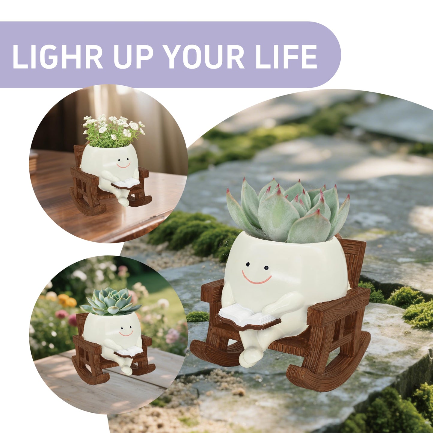 yiilead Smiley Face Planter Pot, Cute Plant Pots for Indoor Outdoor, Unique Reading Rocking Chair Plant Pot for Succulents Plants Live with Drainage Hole, Gift Idea for Mother Day and Christmas