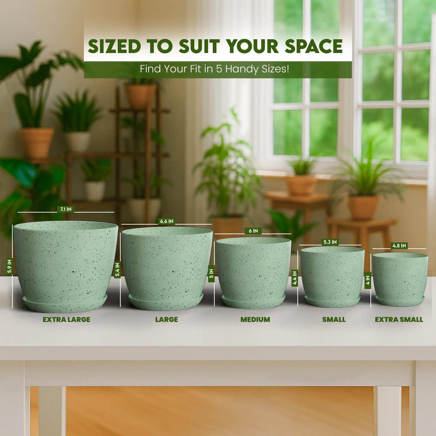 Utopia Home - Spotty Plant Pots Indoor with Drainage - 7/6.6/6/5.3/4.8 Inches Flower Pots - 10 Pack Plastic Planters - Ideal for Stocking Stuffers - (Speckled Mint, Pack of 10)
