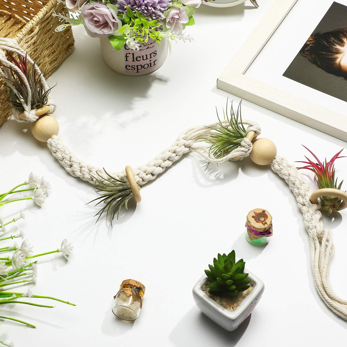 Tatuo 4 Pieces Hanging Air Plant Holders Boho Macrame Plant Hanger Fabric Woven Air Fern Display with 4 Pieces Hooks for Home Decoration Gift Idea