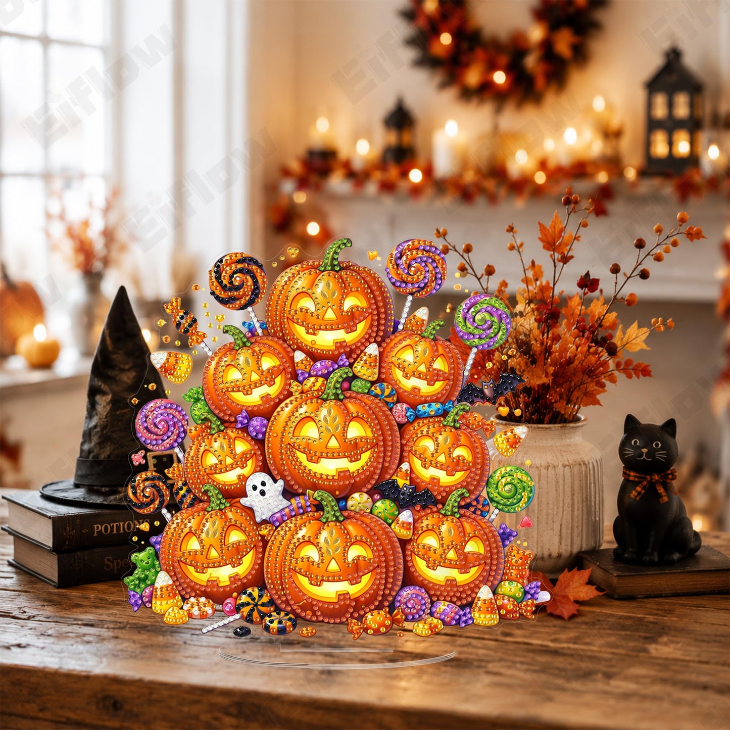 Eiflow Tabletop Diamond Art Kit for Adults Halloween, DIY Table Top Diamond Art Painting with Stand, Acrylic Stand Up Gem Painting Desktop Board Kit (Pumpkins)