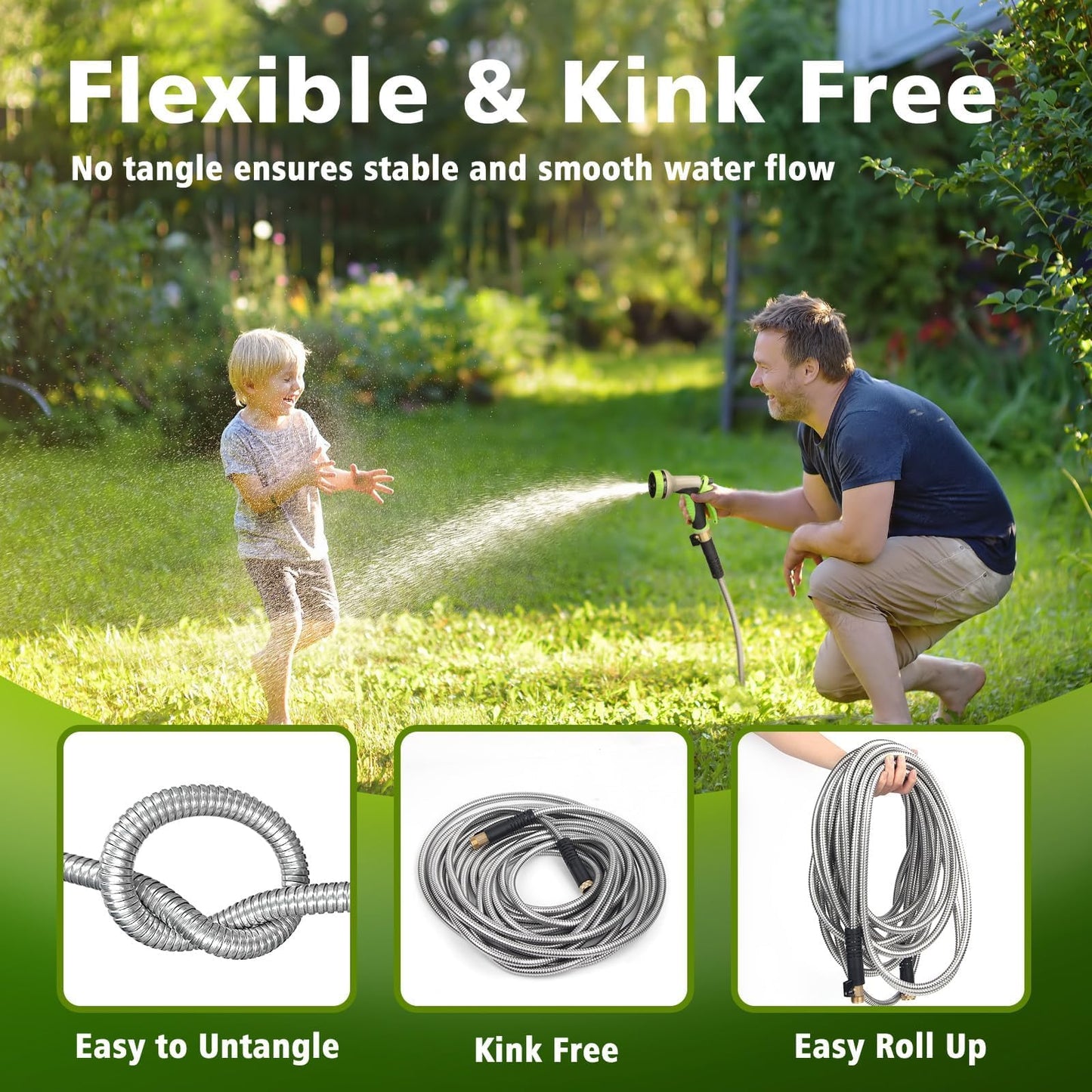 Svansea Metal Garden Hose 50ft Stainless Steel Hose Heavy Duty Flexible Water Hose with 10 Way Spray Nozzle Durable 3/4 Solid Brass Fittings-Outdoor Yard Lightweight No Kink Collapsible Water Pipe