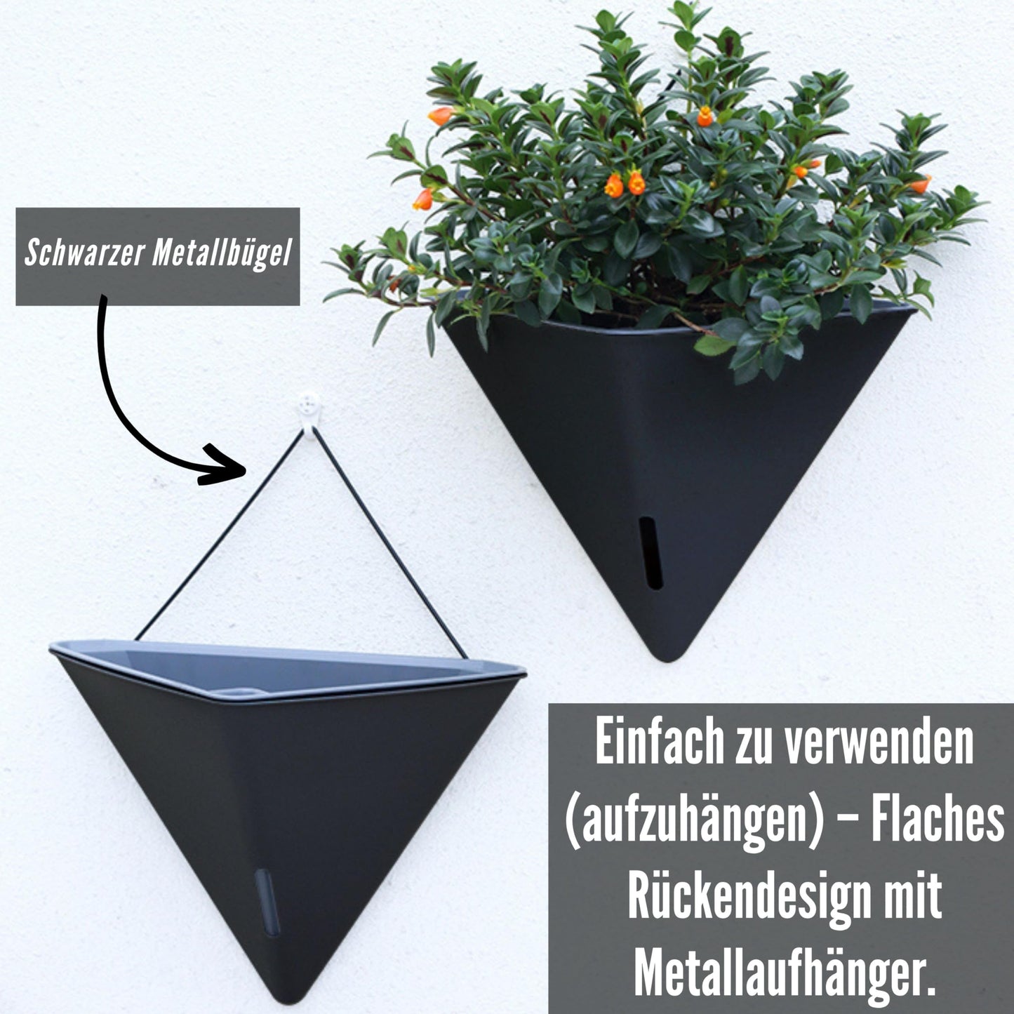 LaLaGreen Bundle- 4 Pack, 12 Inch Black Geometric Self Watering Pot + 2 Pack, 10 Inch Hanging Basket with Coco Liner Flat Metal Iron Balcony Porch Plant Holder Stylish Wall Mounted Flower Vase Vessel