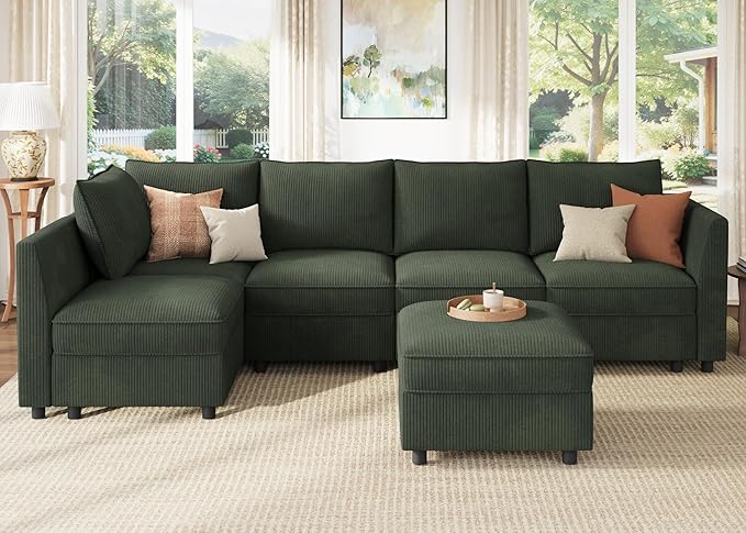 HONBAY Modular Sectional Sleeper Sofa Green Couch L Shaped Sectional Sofa
