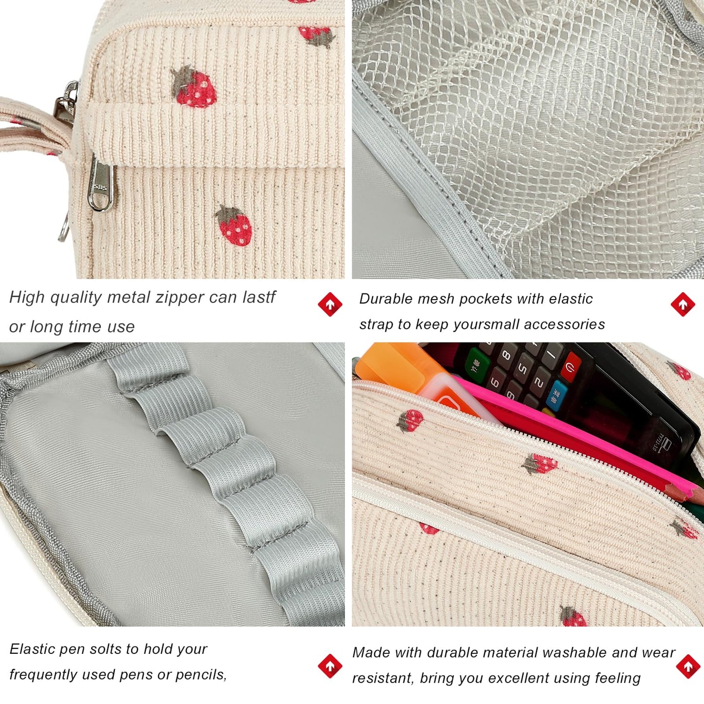 Bluboon Big Capacity Pencil Case Pencil Pouch Pen Case School Supplies Cute Pencil Box Pencil Bag for Teen Girls Boys Women Man (Strawberry Beige)