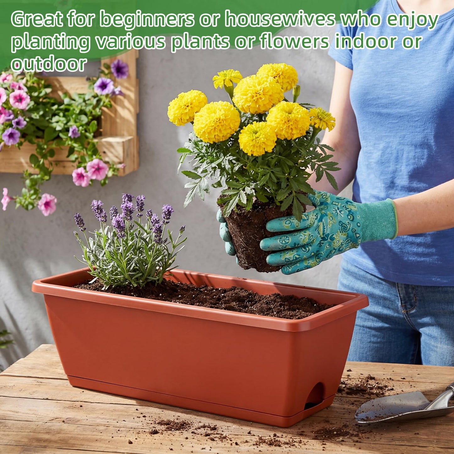 Purpeak 12 Pack Window Box Planter 17 Inches Rectangular Vegetable Flower Planters with Drainage Holes and Saucers Plastic Flower Pots Coloful Herb Planter for Indoor Outdoor Patio Garden Home Decor
