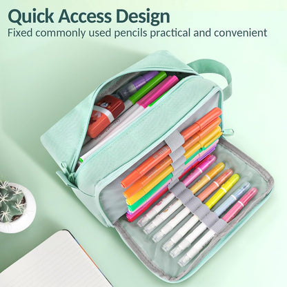 Sooez Original High Capacity Pencil Case, Big Pencil Bag Pouch Box Organizer Pen Case, Portable Journaling Supplies with Easy Grip Handle & Loop, Aesthetic Supply for Girls Adults, Mint Green