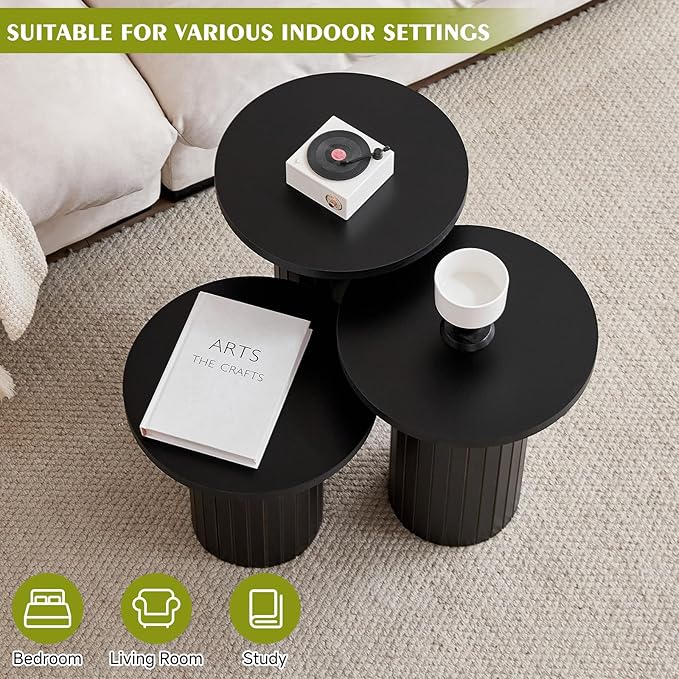 Round Side Tables Set of 3, Circle Modern Fluted Nesting Coffee Table, Accent