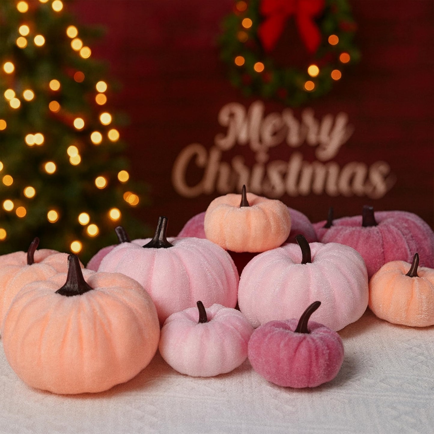 FAFVBING 12 Faux Flocked Pumpkins, Perfect for Fall Harvest, Halloween, or Thanksgiving Table Centerpieces(12, Rose red, Purple, and Pink)