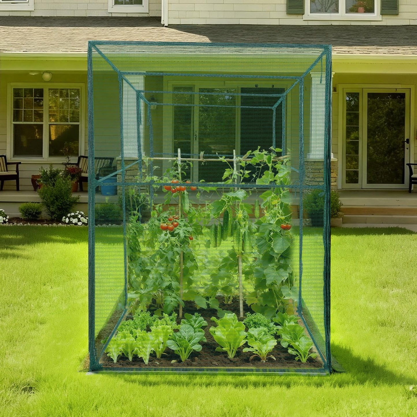 VEVOR Crop Cage, 11.6 x 3.9 x 6.3 ft Plant Protection Tent with Zippered Door, Wind-Resistant Tall Crop Cage, Easy to Install, Outdoor Raised Bed Cover, Tomato Plant Netting for Garden Patio Lawn