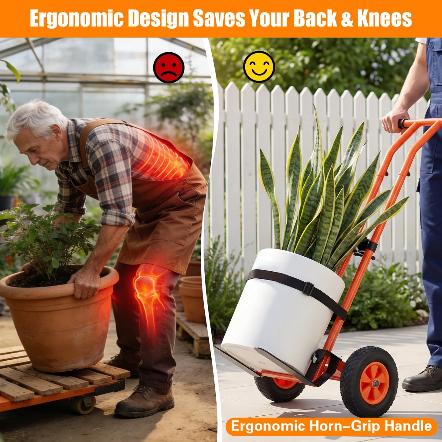 Plant Caddy with Wheels Heavy Duty Plant Dolly Cart with Non-Slip Silicone Grids Adjustable Arm, Straps, Suction Cup, Supports Plants Up to 175 lbs Indoor Outdoor T-Handle Plant Mover for Pots, Orange