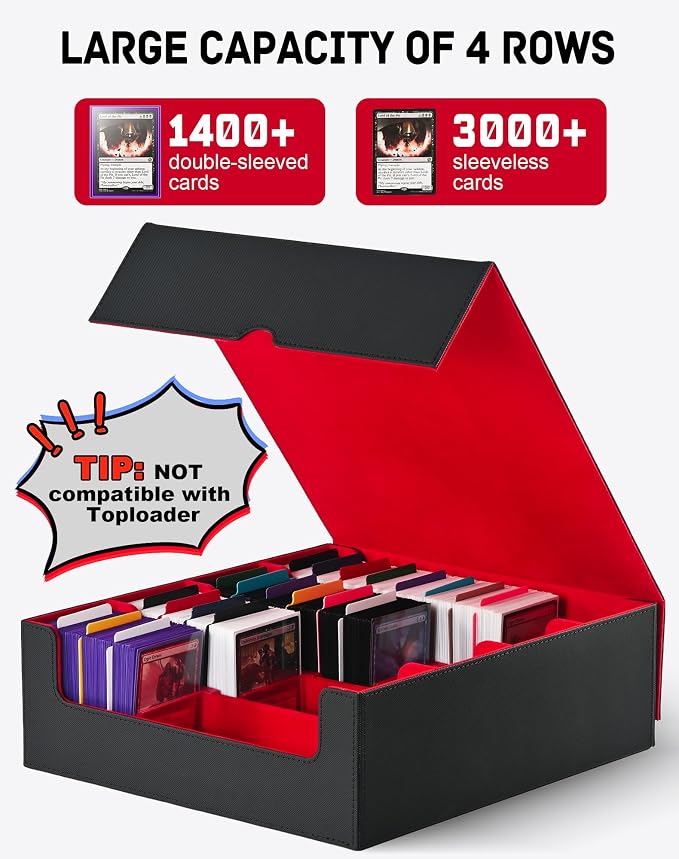 ZLCA Card Storage Box for MTG PTCG, Commander Deck Box Holds 3200+ Cards, Trading Card Storage Case with 4 Stoppers, Card Organizer for TCG Sport Cards(Black&Red)