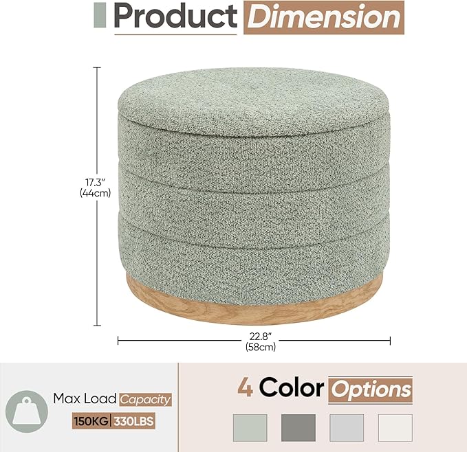 Round Storage Ottoman with Tray Lid, Folding Chenille Fabric Footrest with