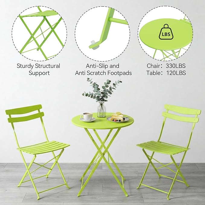 GarveeLife 3 Piece Patio Bistro Set, Folding Patio Bistro Table and Chairs Set
