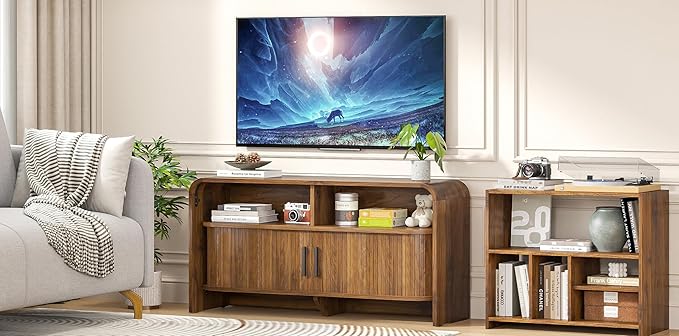 Small TV Stand for Bedroom, Low Fluted TV Console for 40 43 Inch, Mid Century