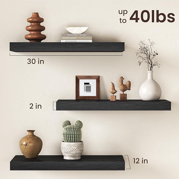 30Inch Black Floating Shelves for Wall, 12 Inch Deep Shelves for Bedroom