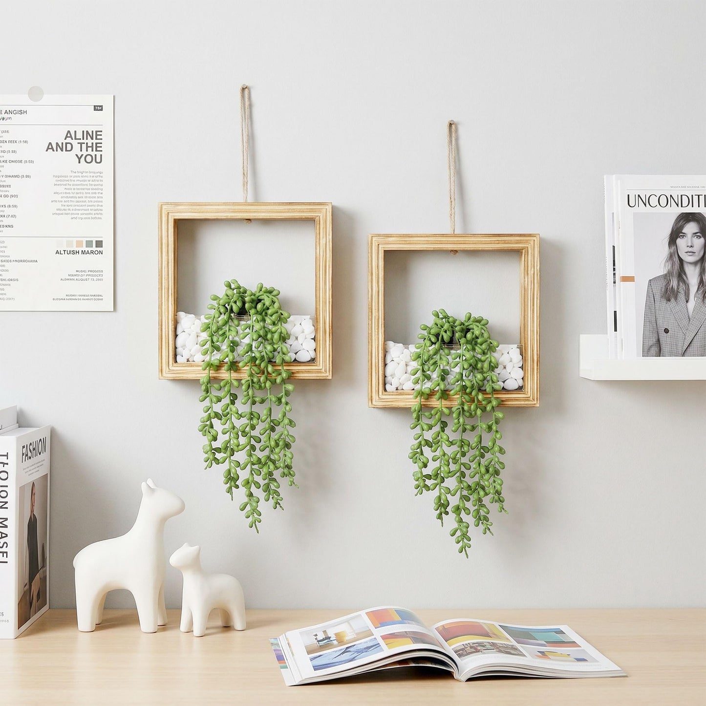 FancyPlus 2 Pack Fake Plants Hanging, Artificial Succulents Plants in Square Wooden Frame with LED Lights, Boho Wall Decor for Office Living Room Bathroom Bedroom Kitchen Indoor Outdoor, Burnt Wood