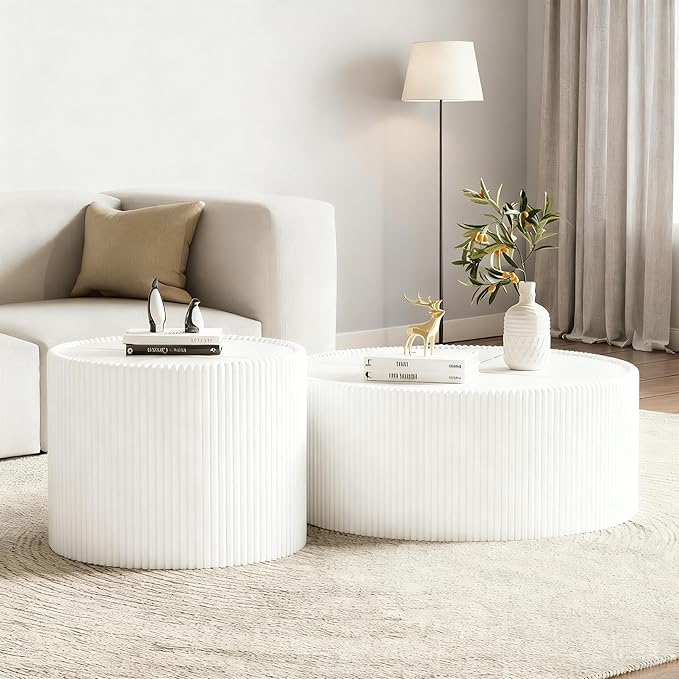 SSLine Round Drum Coffee Table Set of 2 Modern Sintered Stone Top Nesting