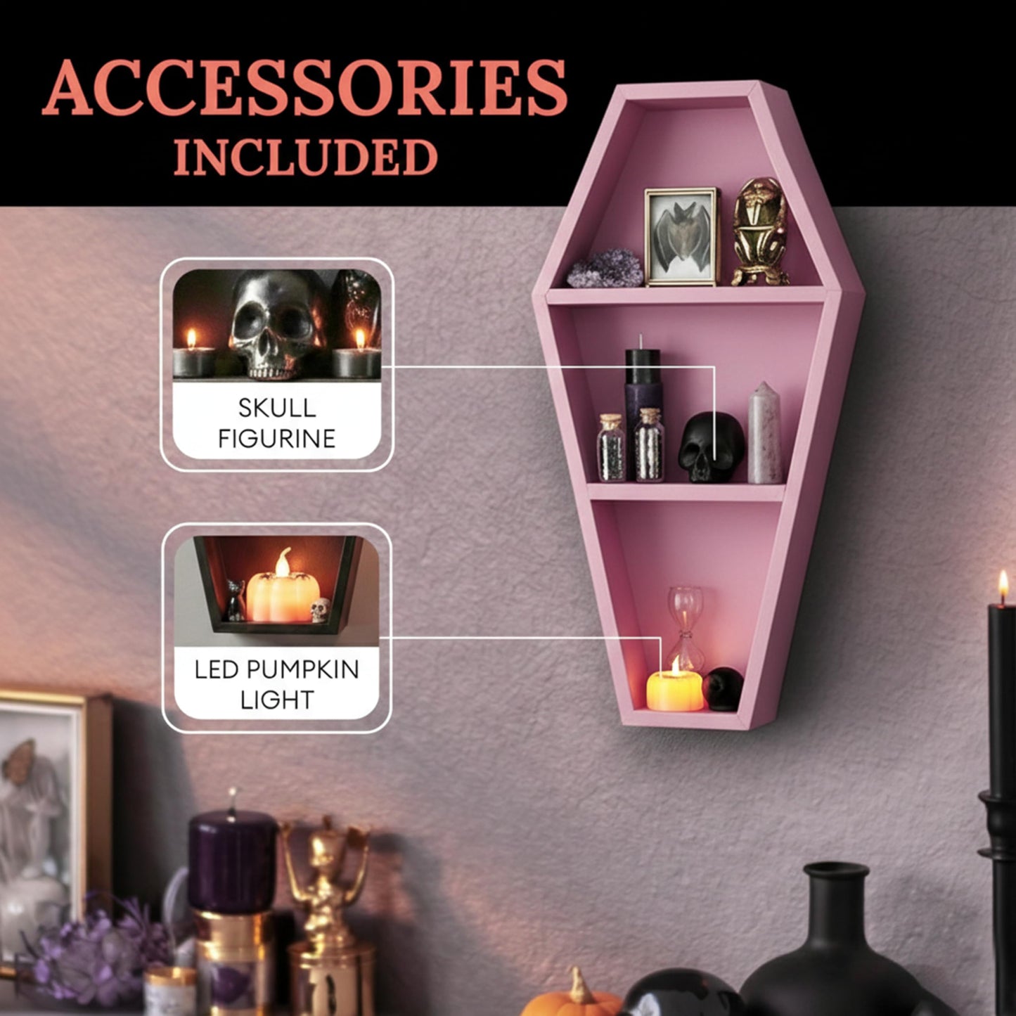 MANNY'S MYSTERIOUS ODDITIES Coffin Shelf - Spooky Gothic Decor for The Home - Pink Hanging Wooden Shelf for Wall or Table Top - 15 Inches Tall by 8 Inches Wide