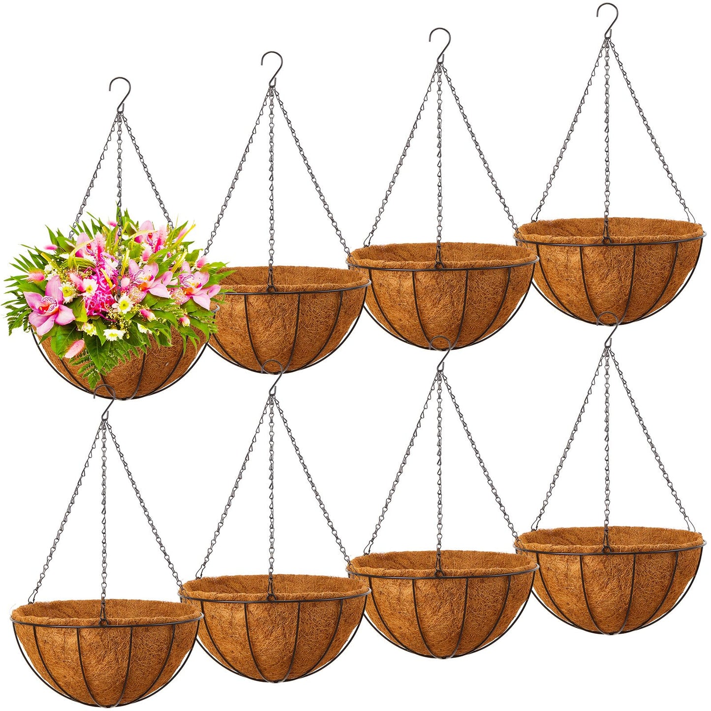 Rtteri 8 Pcs 8 Inch Hanging Baskets for Plants Outdoor with Metal Wire Frame and Coconut Coir Liners, Round Wire Hanging Baskets with Chain for Patio Garden Porch Decoration