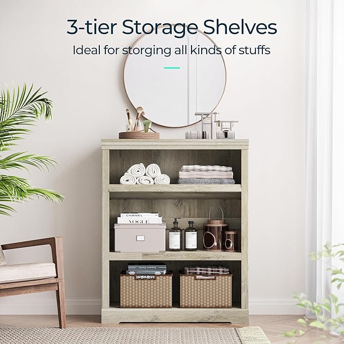 LINSY HOME 3-Tier Bookshelf, Small Wood Display Storage Shelves Farmhouse