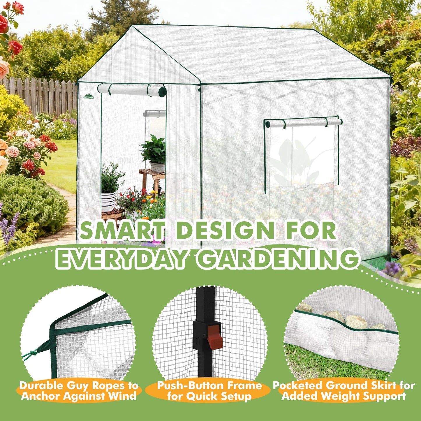 EAGLE PEAK 8x8 Portable Pop Up Greenhouse, Patented Center Lock Easy One Person Setup, Walk-in Outdoor Greenhouse with Gable Roof, Weight Bags, Zippered Doors & Windows, White