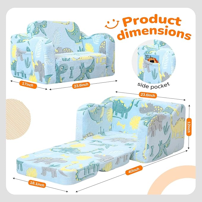 MeMoreCool Glowing Dinosaur Kids Chair, 2-in-1 Convertible Kids Couch Fold Out