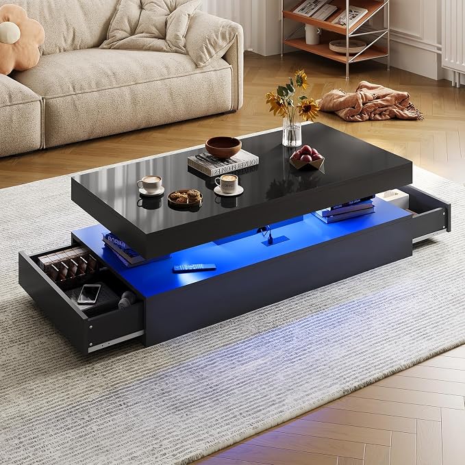 47” High-Glossy LED Coffee Table with 2 Sliding Drawers, Living Room Storage Coffee Tables, Modern Stylish Double-Layer Center Tables with LED Lights, Black