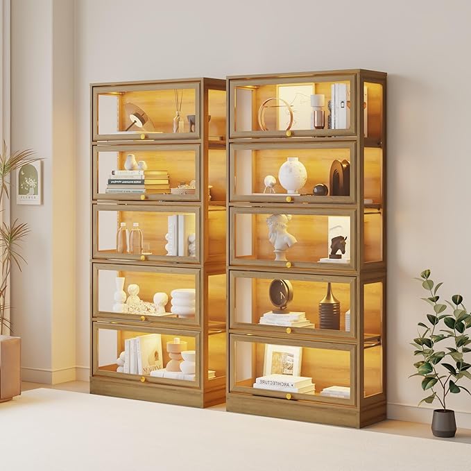 Display Cabinet with Acrylic Glass Doors, 5-Tiers Curio Cabinet with LED