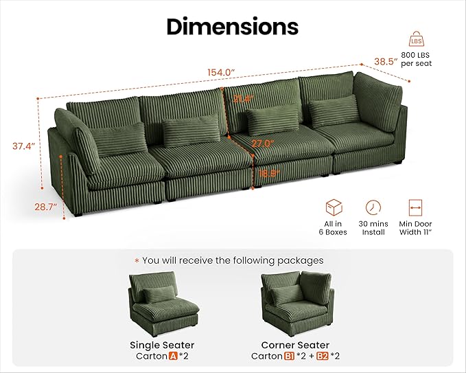 154" Oversized Corduroy Couch Modular Sectional Sofa, Washable Cloud Couch