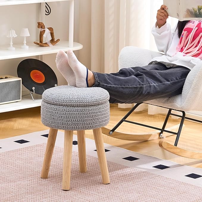 Wimarsbon Pouf Ottoman, 100% Cotton Knitted Boho Footstool, Round Footrest