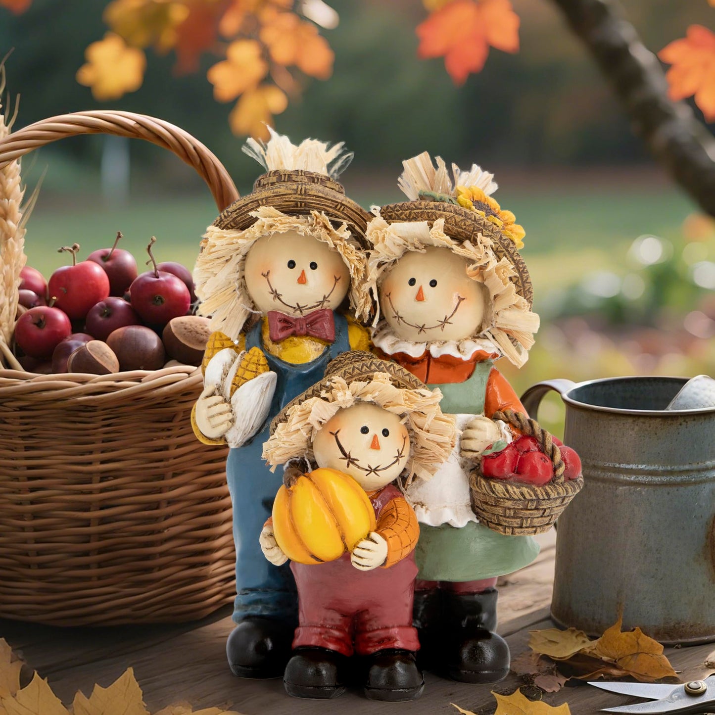 Hodao Thanksgiving Decorations for Table, Resin Fall Thanksgiving Scarecrow Family Figurine with Pumpkin, Corn & Apple Basket, Festive Gift for Autumn Home Decor