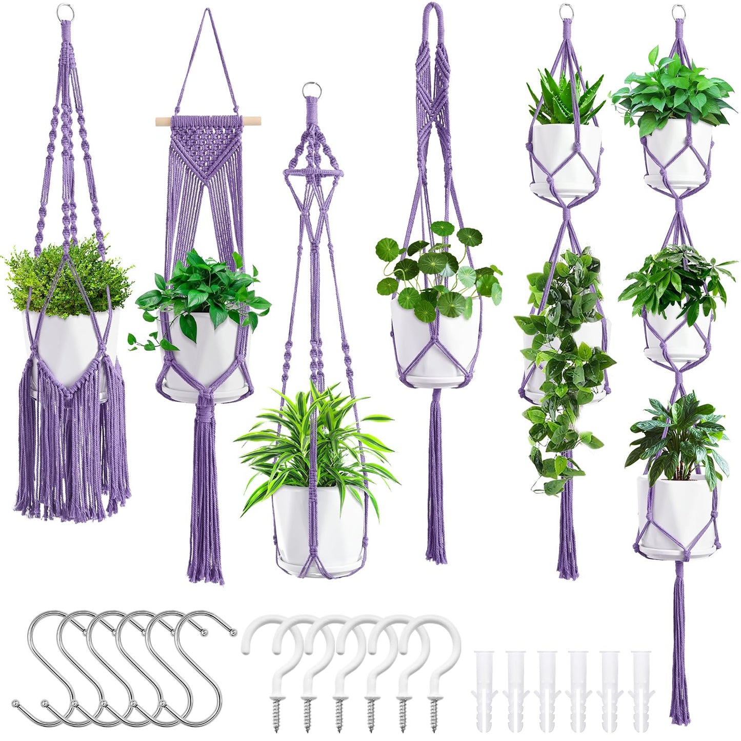 SFENNGPET Macrame Plant Hangers, 6Pack Hanging Planters for Indoor Plants w/ 6 Set Hangers Kit Handmade Macromay Plant Hangers Indoor Flower Pots Holder Stand for Boho Home Décor (POTS NOT Included)