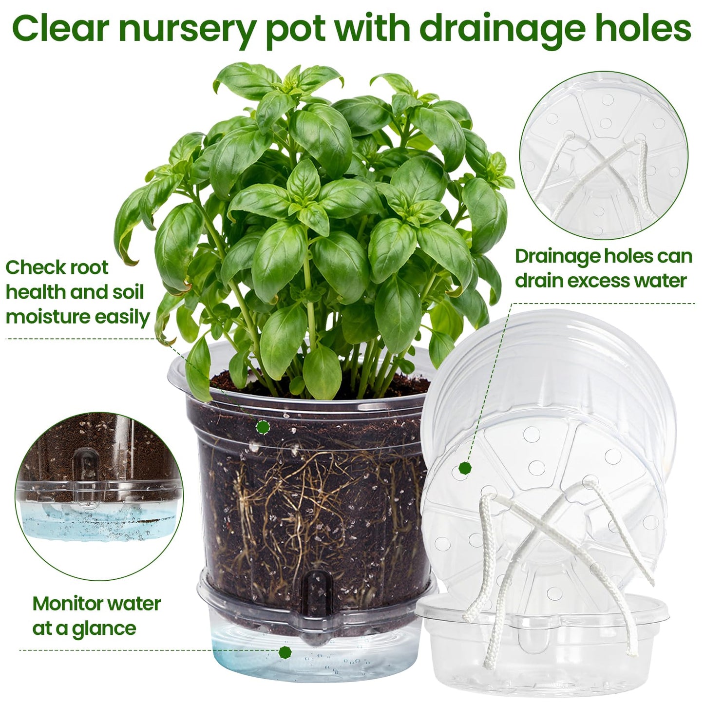 MIXC 12 Packs 6.5 Inch Self Watering Pots for Indoor Plants - Clear Nursery Plant Pots with Drainage, Deep Visible Reservoir - Flower Planter Outdoor with Wicking Rope