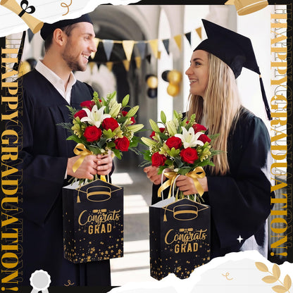 Geyoga 24 Pcs Graduation Gift Bags Bulk with Handles Class of 2026 Congrats Grad Party Favor Paper Bags Black and Gold Treat Goodie Bag for College High School University Gift Wrapping Supplies