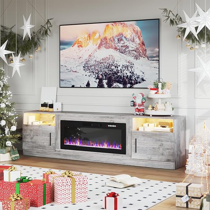 PRETZI Fireplace TV Stand with 36" Fireplace Up to 90" TVs, Remote Control